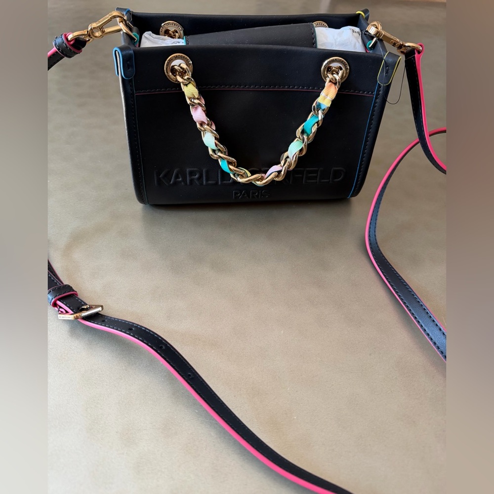 Karl Lagerfeld Paris Savoie Small Leather Black Crossbody with Multicolor Chain - Picture 2 of 13